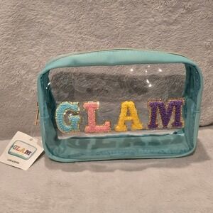 Walmart Clear Glam Bag Teal Blue Chenille Patch Cosmetic Travel Pouch NEW